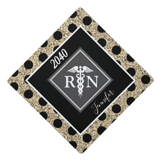 Registered Nurse Caduceus Gold Glitter Name Graduation Cap Topper (Front)
