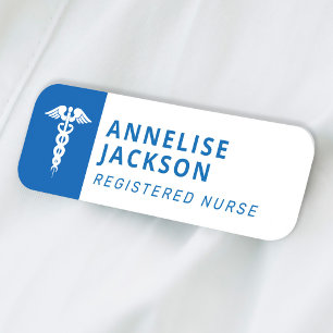 Registered nurse caduceus logo blue name tag