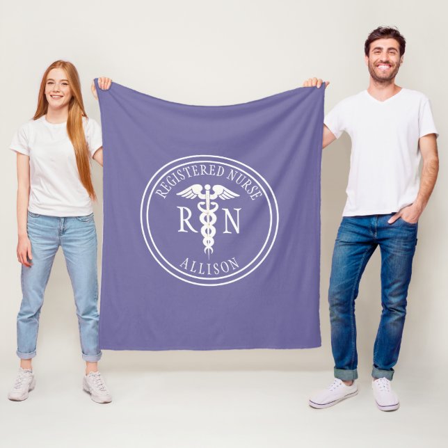 Registered Nurse Caduceus Purple White Name Fleece Blanket (In Situ)