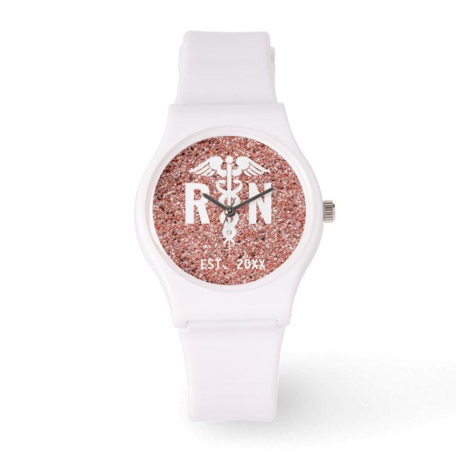 Registered Nurse Caduceus Rose Gold Glitter Custom Watch (Front)
