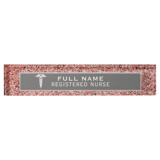 Registered Nurse Caduceus Rose Gold Glitter Nameplate (Front)