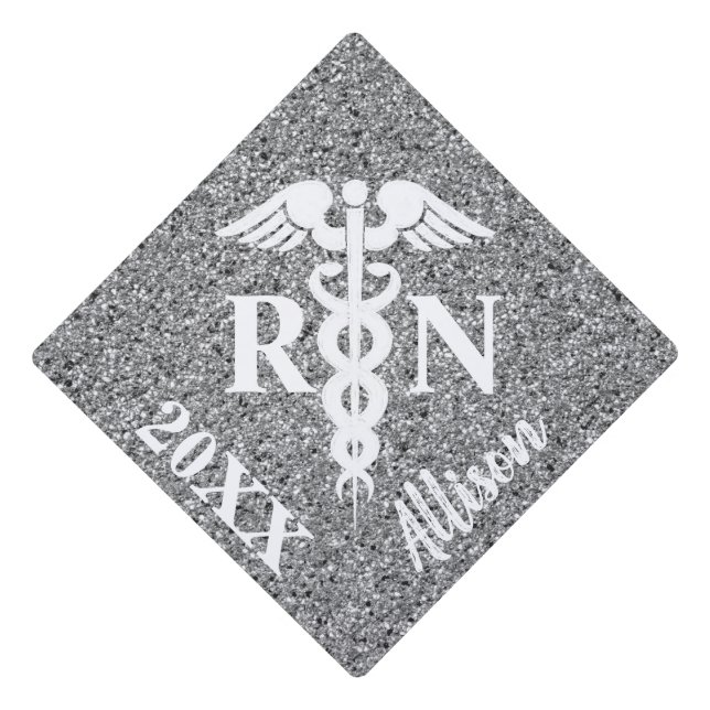 Registered Nurse Caduceus Silver Glitter Monogram Graduation Cap Topper (Front)
