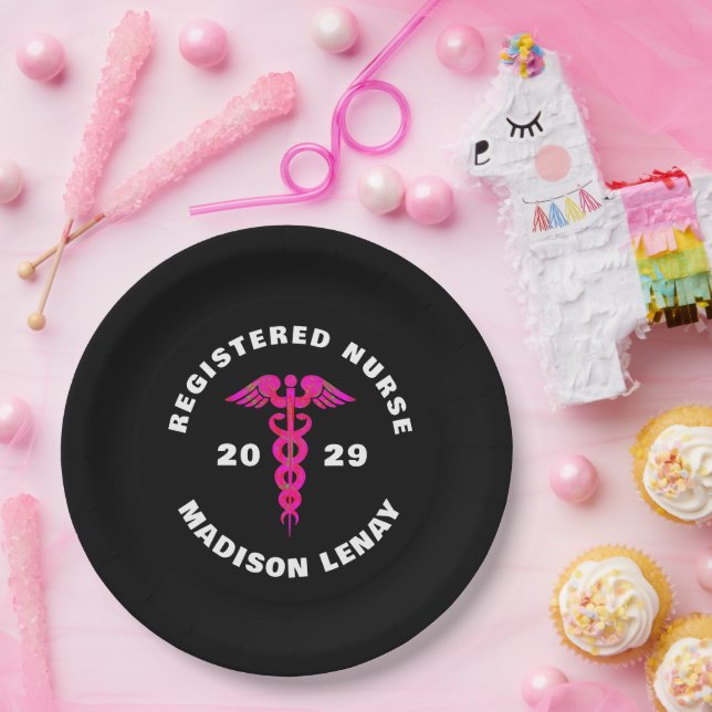 Registered Nurse Graduation Pink Black Party Paper Plate (Party)