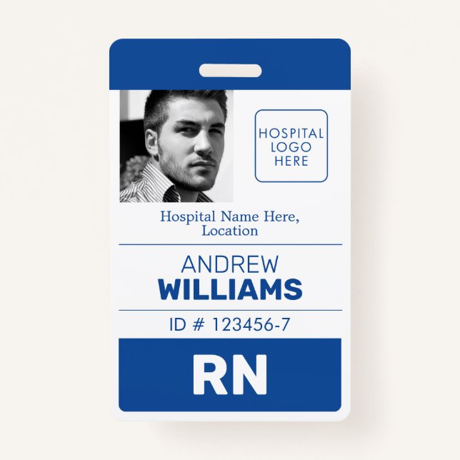 Registered Nurse ID Number Blue White Logo Photo Badge (Front)