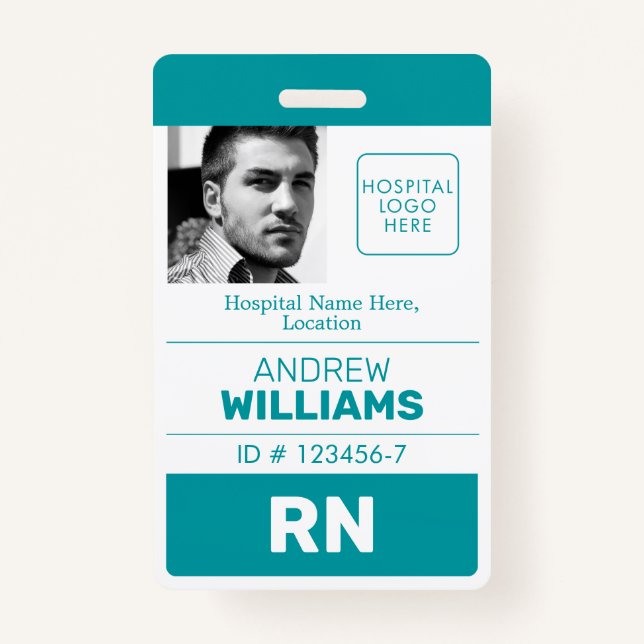 Registered Nurse ID Number Teal White Logo Photo Badge (Front)