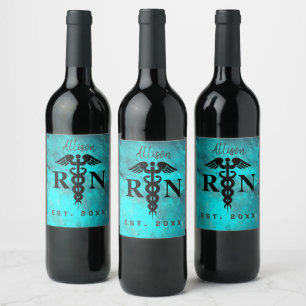 Registered Nurse Medical Black Caduceus Aqua Wine Label