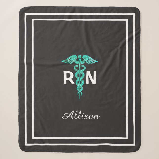 Registered Nurse Medical Caduceus Turquoise Custom Sherpa Blanket (Front)