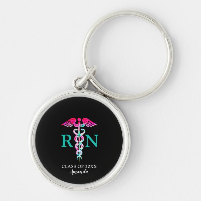 Registered Nurse Medical Pink Teal Caduceus Name Keychain (Front)