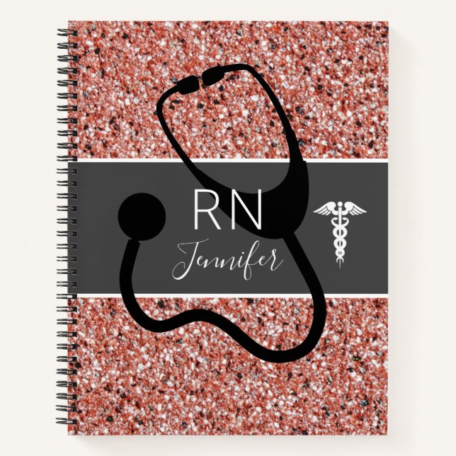 Registered Nurse Medical Rose Gold Glitter Name Notebook (Front)