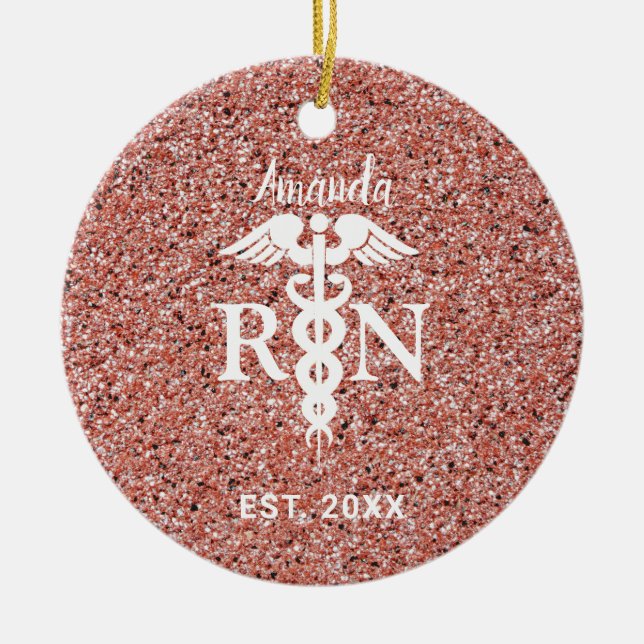 Registered Nurse Pink Rose Gold Glitter Customized Ceramic Ornament (Front)