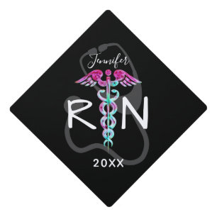 Registered Nurse Pink Teal Caduceus Personalized Graduation Cap Topper