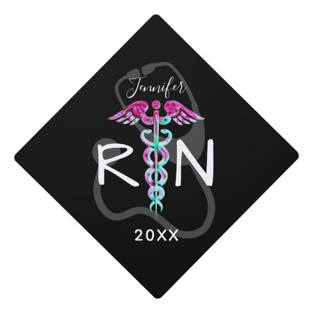 Registered Nurse Pink Teal Caduceus Personalized Graduation Cap Topper (Front)
