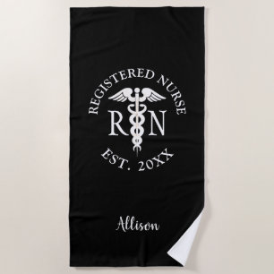 Registered Nurse RN Caduceus Black Personalized Beach Towel