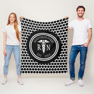Registered Nurse RN Caduceus Black White Custom Fleece Blanket