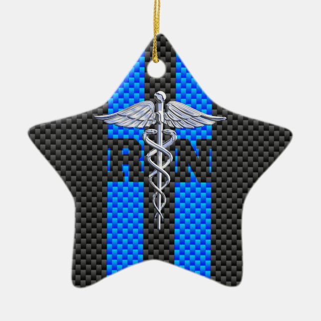 Registered Nurse RN Caduceus Carbon Fibre Style Ceramic Ornament (Front)