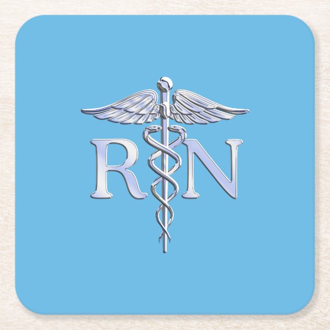 Registered Nurse RN Caduceus on Baby Blue Decor Square Paper Coaster (Front)