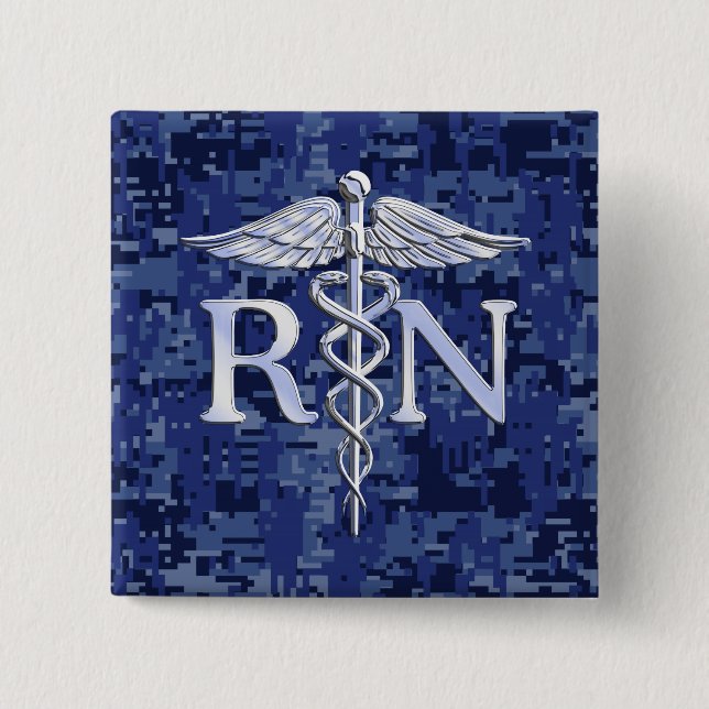 Registered Nurse RN Caduceus on Blue Camo 2 Inch Square Button (Front)