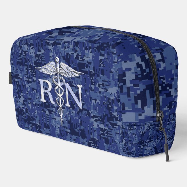 Registered Nurse RN Caduceus on Blue Camo Dopp Kit (Right Corner)