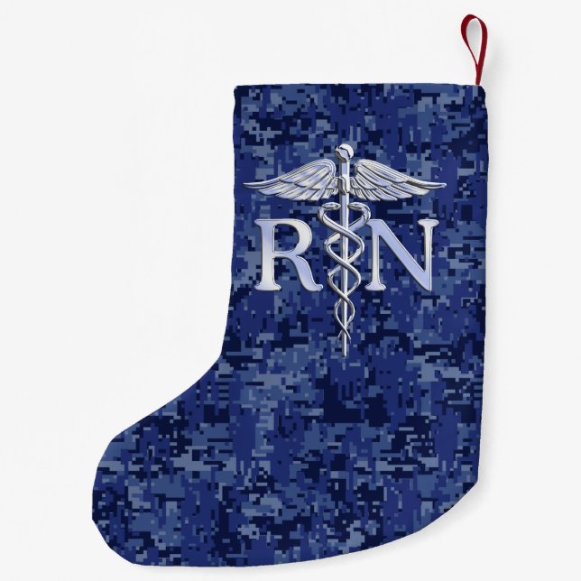 Registered Nurse RN Caduceus on Navy Blue Camo Small Christmas Stocking (Back)