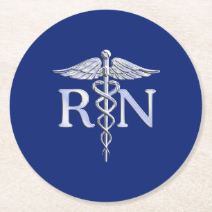 Registered Nurse RN Caduceus on Navy Blue Decor Round Paper Coaster