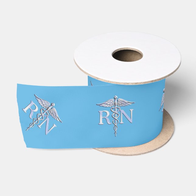 Registered Nurse RN Caduceus on Pastel Blue Satin Ribbon (Spool)