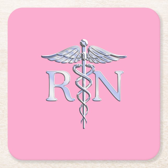 Registered Nurse RN Caduceus on Pastel Pink Square Paper Coaster (Front)