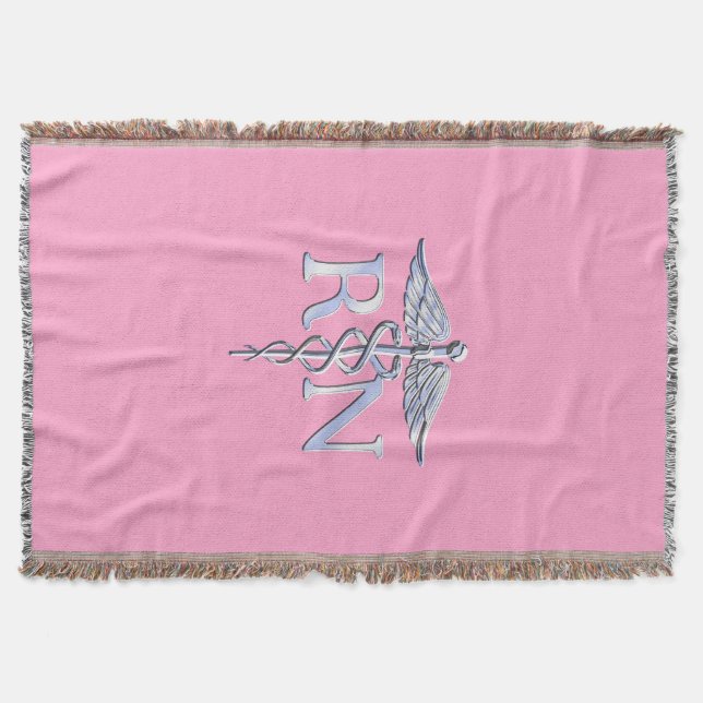 Registered Nurse RN Caduceus on Pastel Pink Throw Blanket (Front)