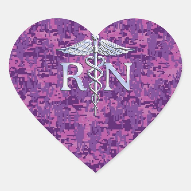 Registered Nurse RN Caduceus on Pink Camouflage Heart Sticker (Front)