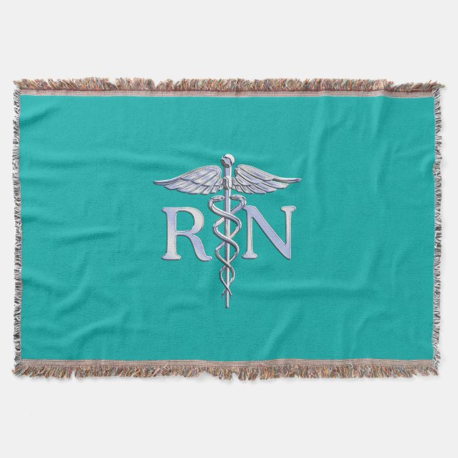 Registered Nurse RN Caduceus on Turquoise Decor Throw Blanket (Front)