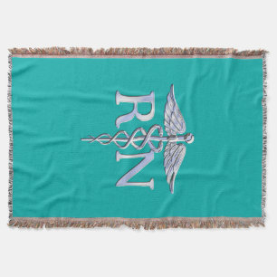 Registered Nurse RN Caduceus on Turquoise Decor Throw Blanket