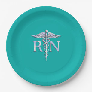 Registered Nurse RN Caduceus on Vibrant Turquoise Paper Plate