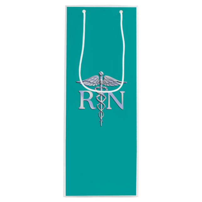 Registered Nurse RN Caduceus on Vibrant Turquoise Wine Gift Bag (Front)