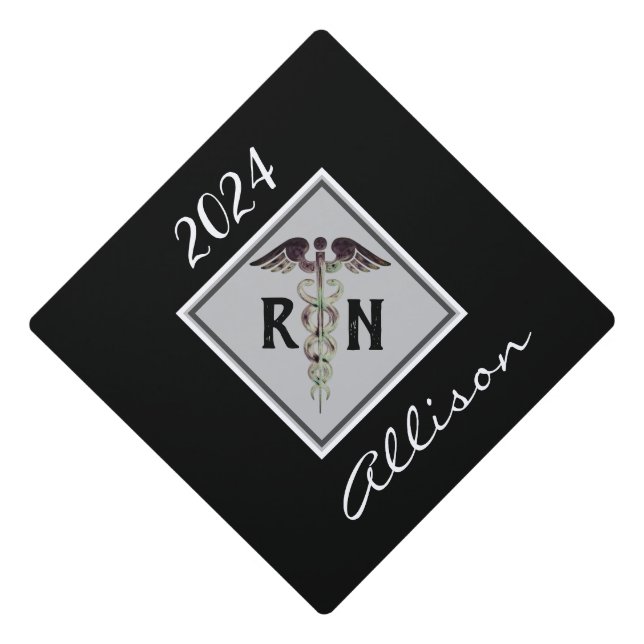 Registered Nurse RN Caduceus Personalized Black Graduation Cap Topper (Front)