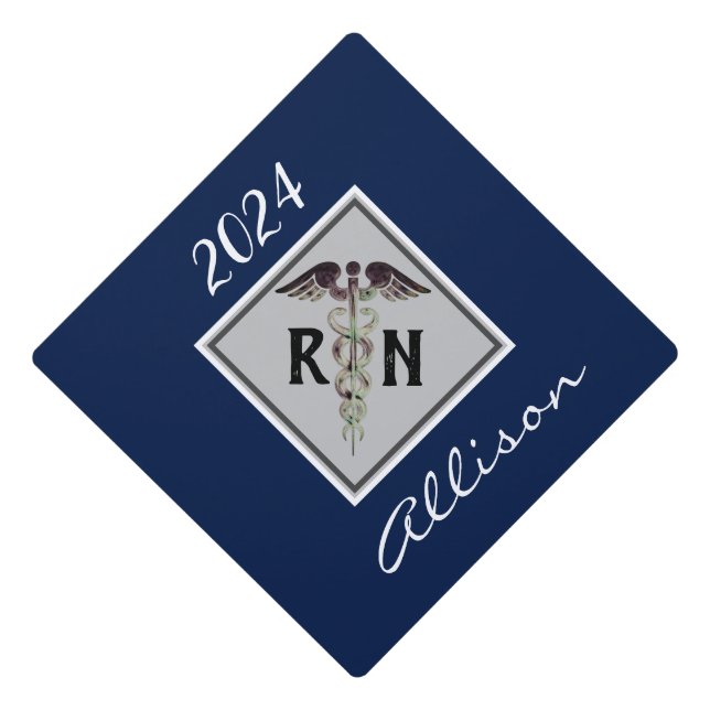 Registered Nurse RN Caduceus Personalized Blue Graduation Cap Topper (Front)