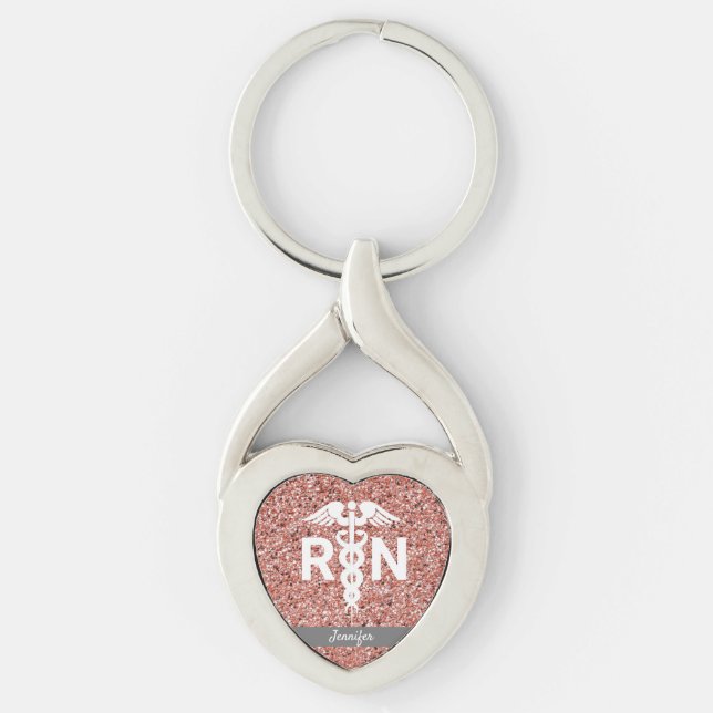 Registered Nurse RN Caduceus Rose Gold Glitter Keychain (Front)