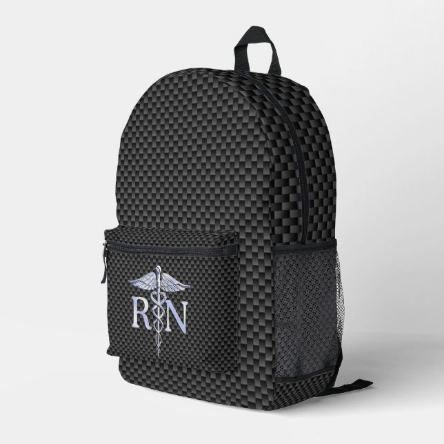 Registered Nurse RN Caduceus Snakes Black Carbon Printed Backpack (Back Corner Right)