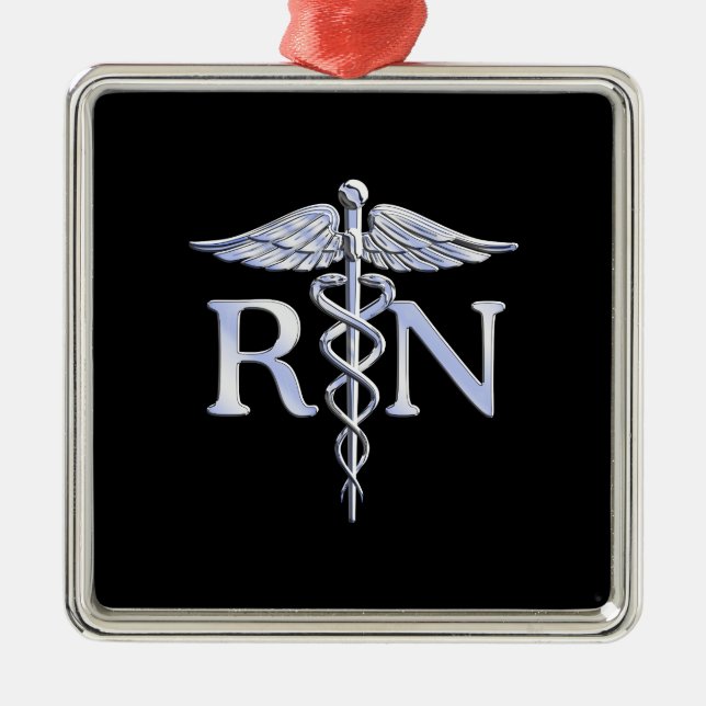 Registered Nurse RN Caduceus Snakes Style on Black Metal Ornament (Front)