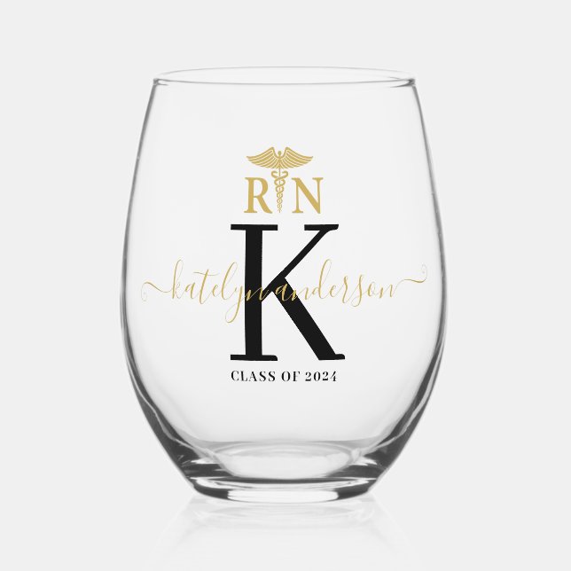 Registered Nurse RN Graduation Keepsake Monogram Stemless Wine Glass (Front)