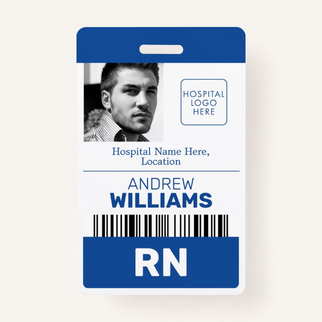 Registered Nurse RN ID Blue and White Logo Photo Badge (Front)