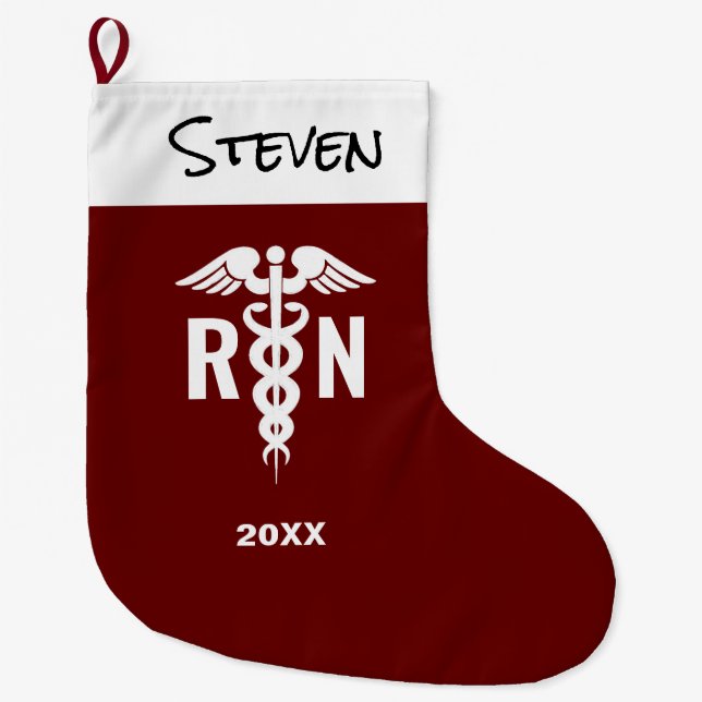 Registered Nurse RN Medical Caduceus Burgundy Large Christmas Stocking (Front)