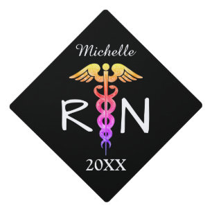 Registered Nurse RN Medical Caduceus Rainbow Black Graduation Cap Topper