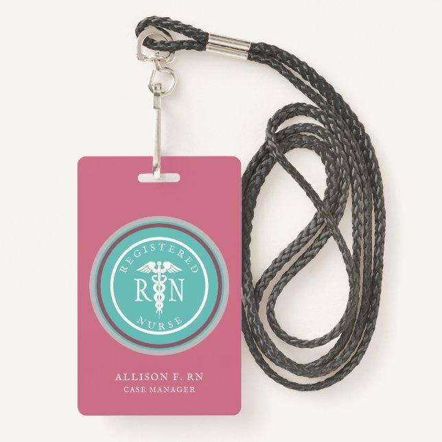 Registered Nurse RN Pink Modern Medical Name Badge (Front with Lanyard)