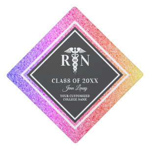 Registered Nurse RN Rainbow Glitter Personalized Graduation Cap Topper
