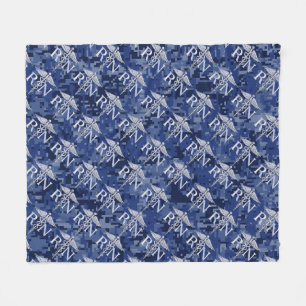 Registered Nurse RN Silber Caduceus Navy Blue Camo Fleece Blanket