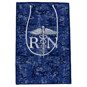 Registered Nurse RN Silber Caduceus Navy Blue Camo Medium Gift Bag