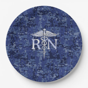Registered Nurse RN Silber Caduceus Navy Blue Camo Paper Plate