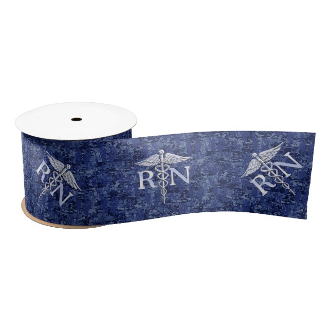 Registered Nurse RN Silber Caduceus Navy Blue Camo Satin Ribbon (Spool)