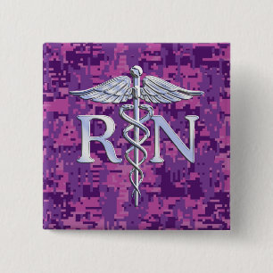 Registered Nurse RN Silver Caduceus Fuchsia Camo 2 Inch Square Button