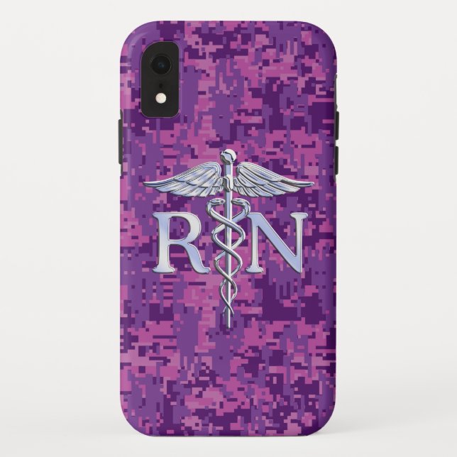 Registered Nurse RN Silver Caduceus Fuchsia Camo Case-Mate iPhone Case (Back)
