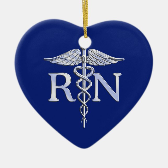 Registered Nurse RN Silver Caduceus Navy Blue deco Ceramic Ornament (Front)